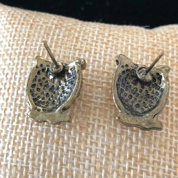 Cute Bronze Small Owl Earrings Crystal Eyes Birds .5” Whimsical Gold Tone - Picture 2 of 2